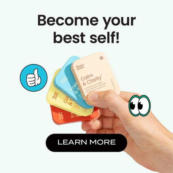 A close-up hand holding a stack of four distinct Nootropic mint tins, featuring a clear, benefit-oriented headline and simple call-to-action button.